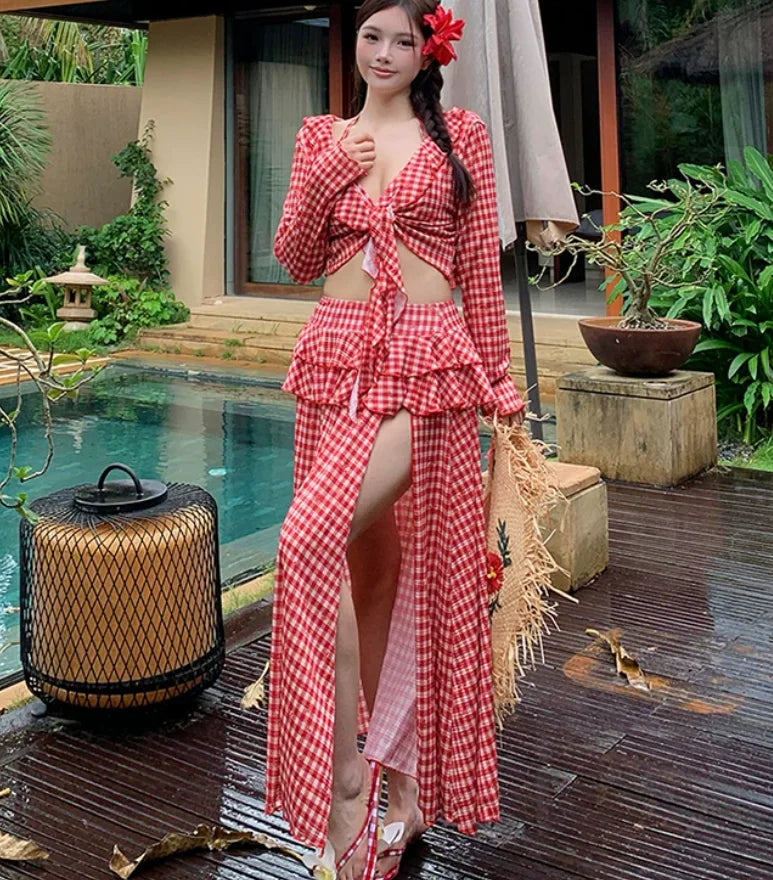Large Size Summer New Long Skirt Four-piece Seaside Vacation Bikini Split Swimsuit Women Sexy Fashion Red Plaid Swimwear Sets