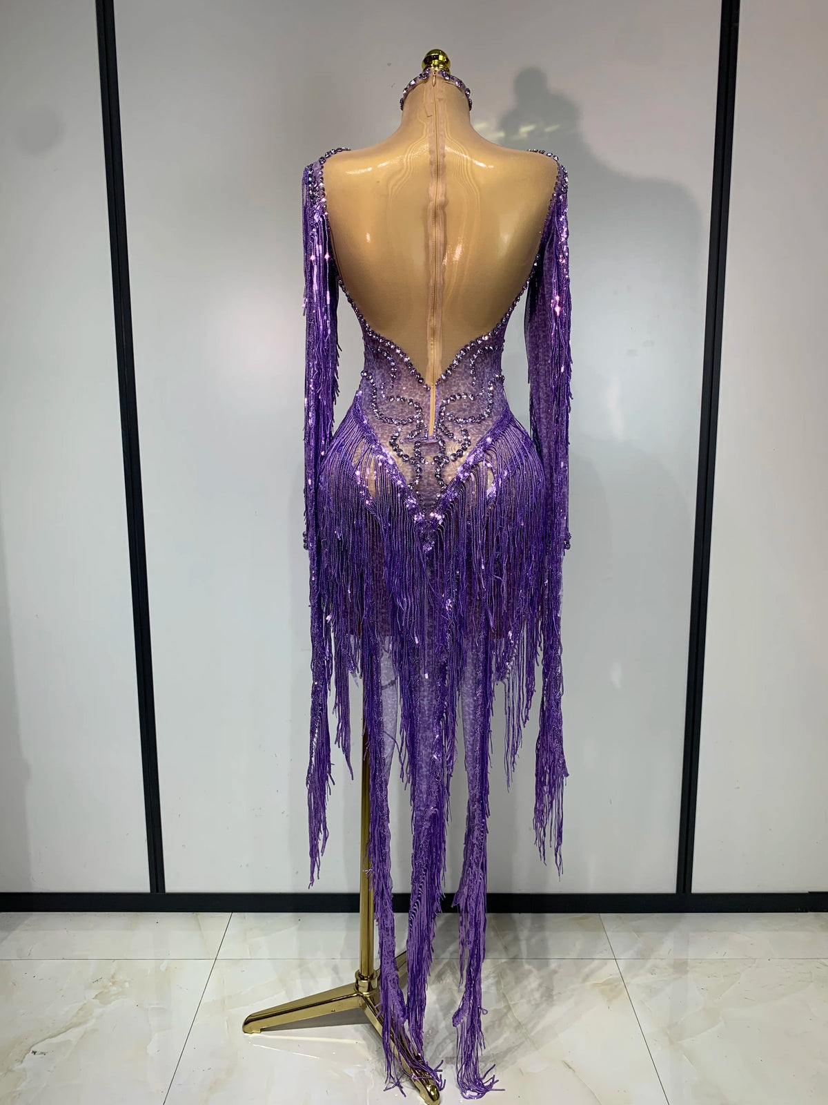 Women Sparkly Diamond Purple Tassel Long Sleeves Mesh See Through Dress Latin Dance Outfits Bar Nightclub Party Club Stage Wear