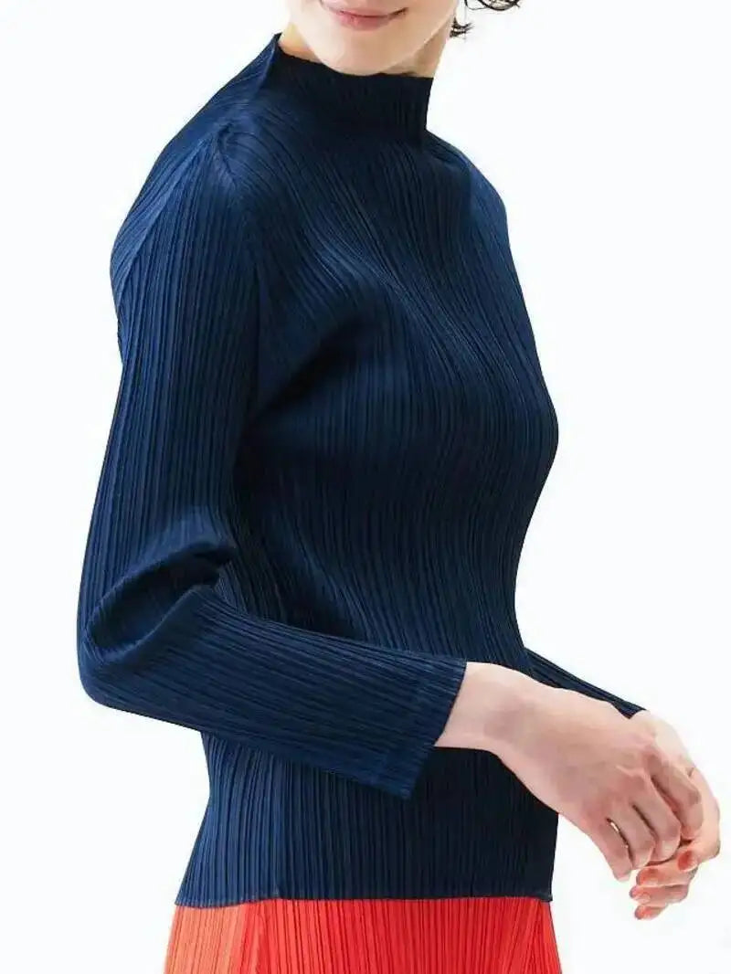 LANMREM 2025 New Long Sleeved Women's Pleated T-shirt Base Solid Color Stand Collar Slim Fit Long Pullover Tops Chic 2DB2996