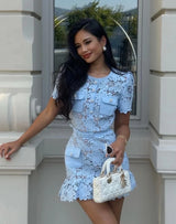 Blue Lace Dress Women Summer with Belt Short Sleeve Streetwear Clothing Lady Hollow Out Runway Design Vestidos Bodycon