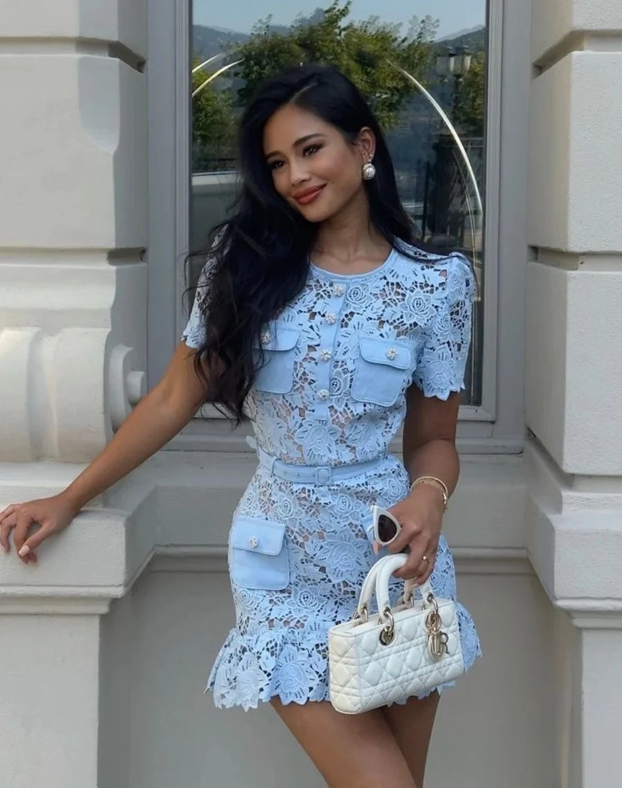 Blue Lace Dress Women Summer with Belt Short Sleeve Streetwear Clothing Lady Hollow Out Runway Design Vestidos Bodycon