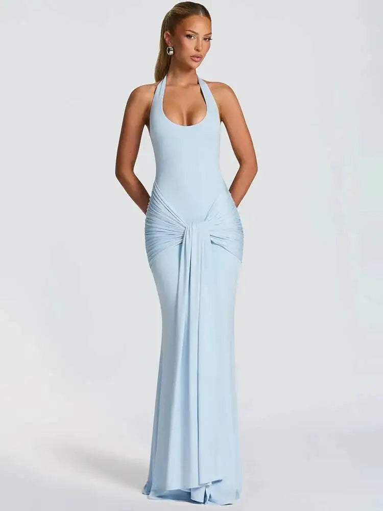 Mozision Halter Backless Sexy Maxi Dress Women Elegant V Neck Sleeveless Draped Ruched Bodycon Club Party Long Dress Female