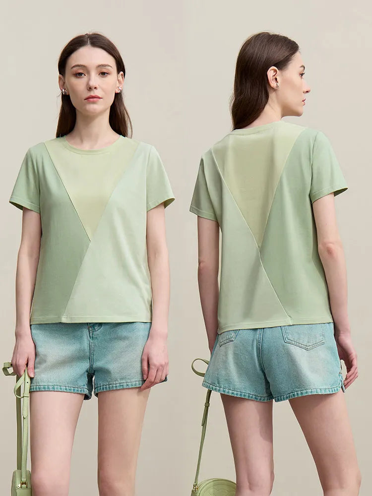 Amii O-Neck Women's T-Shirt 2026 Summer New Stretch Cotton Tee Color Block Versatile Casual Straight Short Sleeve Tops 12622177