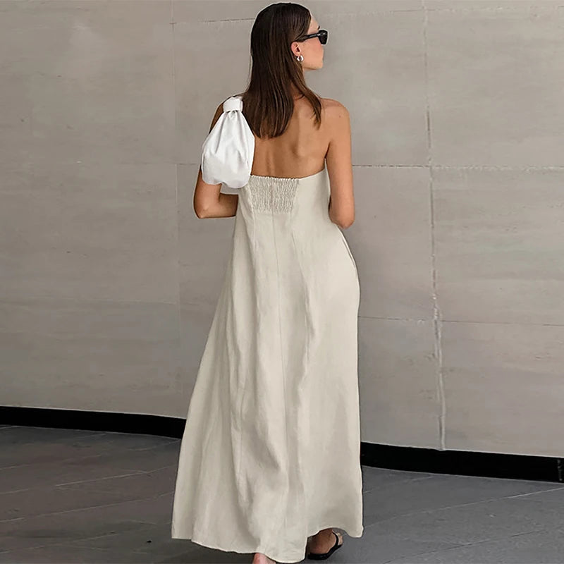 French-Style Women's Cotton-Linen Strapless Dress Chic New Solid Color Off-Shoulder Backless Sexy Casual Summer Dresses Vestido