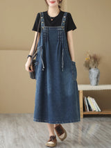 Retro Blue Denim ter Dr Women's Summer Dstring Waist Cinching Slimming Strap Dr Ele Lady Sle A-Line Midi Dr