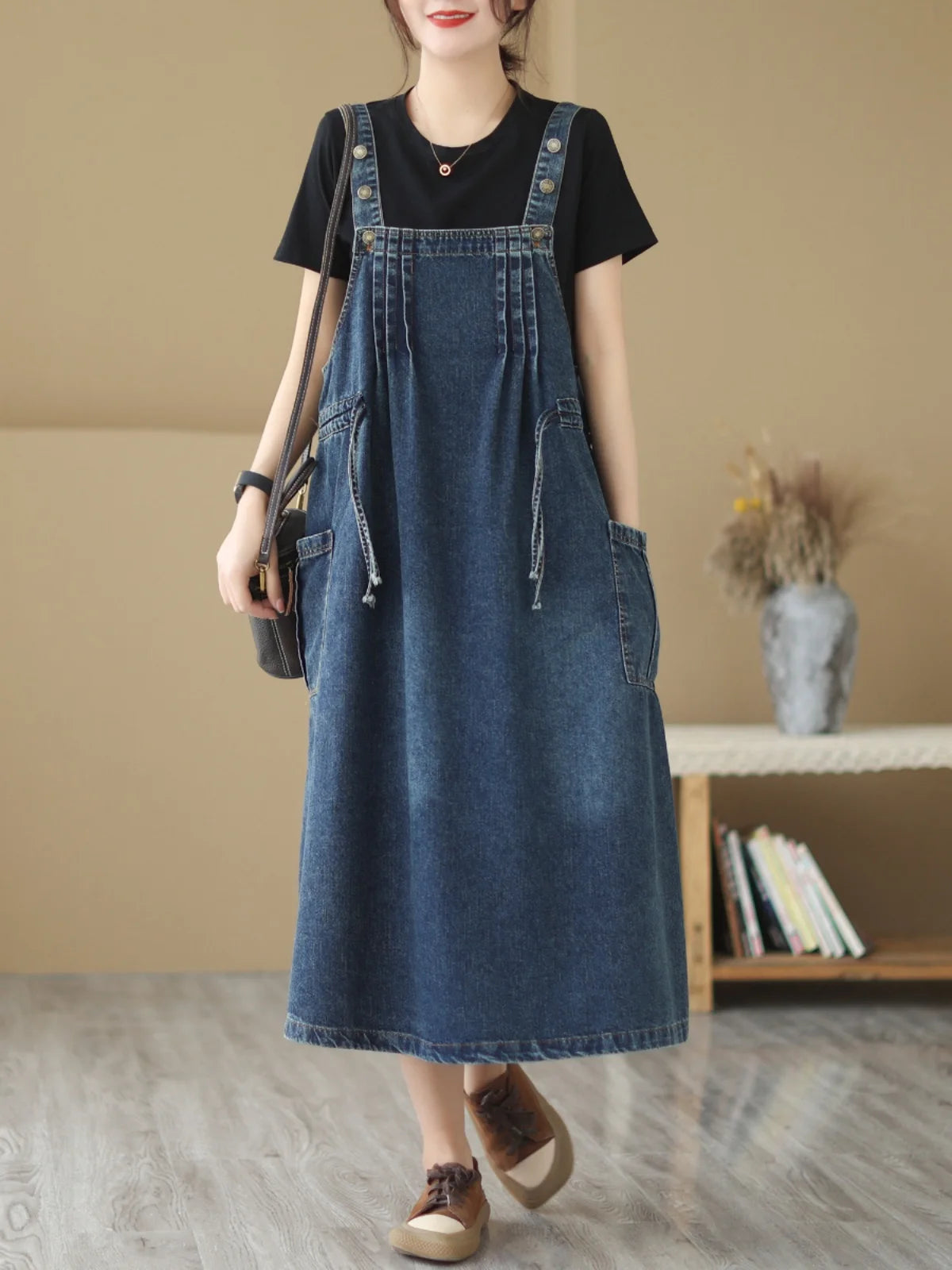 Retro Blue Denim ter Dr Women's Summer Dstring Waist Cinching Slimming Strap Dr Ele Lady Sle A-Line Midi Dr