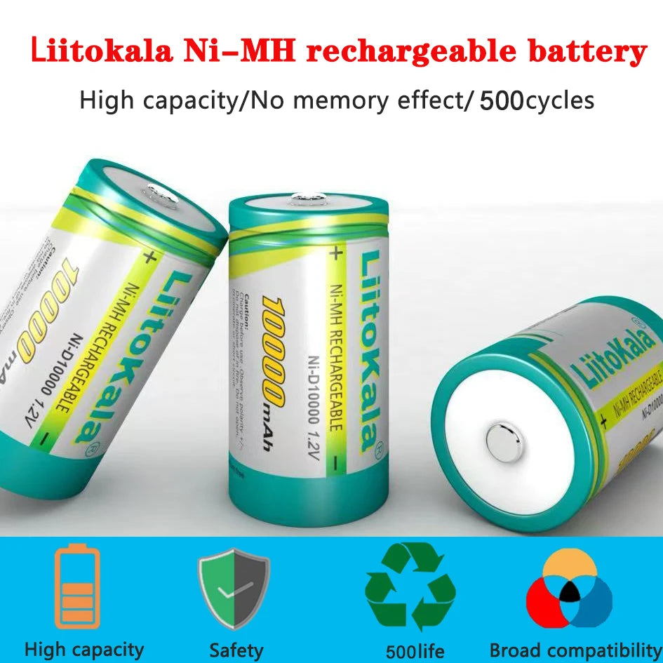 1-30PCS LiitoKala Ni-D10000 1.2V D R20 Size Battery D Cell 10000mAh Huge Capacity Ni-MH Rechargeable D Batteries for Gas Stoves