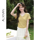 ALXNAN Women's T-shirt V-neck Lace Trim Fake Two Piece Short Sleeve Tees 2026 Summer Elegant Fashion Casual Top Ladies L65706-2