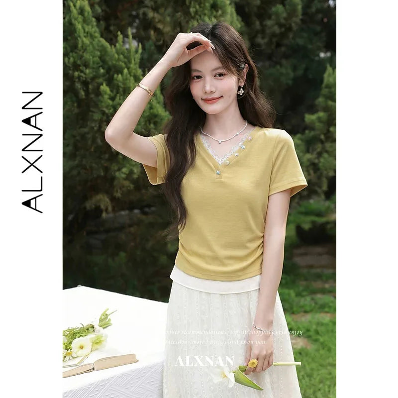 ALXNAN Women's T-shirt V-neck Lace Trim Fake Two Piece Short Sleeve Tees 2026 Summer Elegant Fashion Casual Top Ladies L65706-2