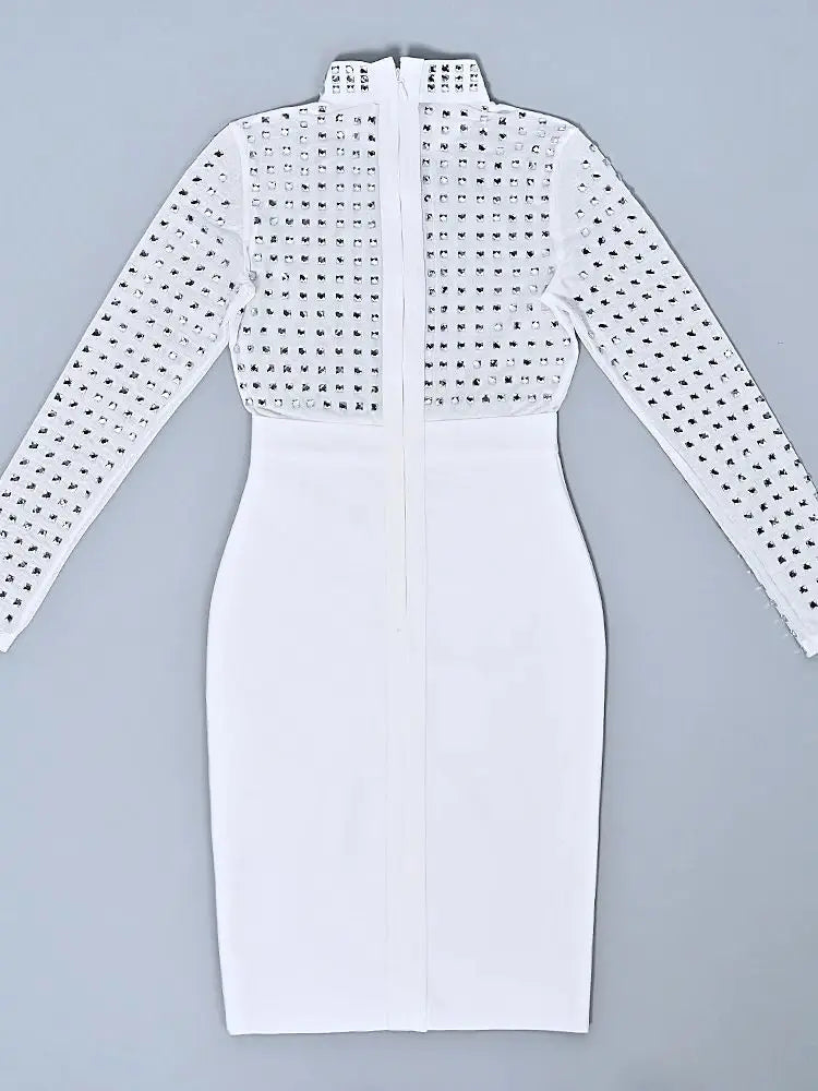 BEAUKEY New Fashion Luxury Diamond Crystal White Bandage Evening Dress Mesh Sexy See Through Elastic Slim Party Dress Vestidos