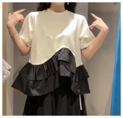 Japanese Contrasting Striped Ruffle Short-sleeved T-shirt Top Women Summer New Elastic High-waisted Slim-fitting Striped Tshirt