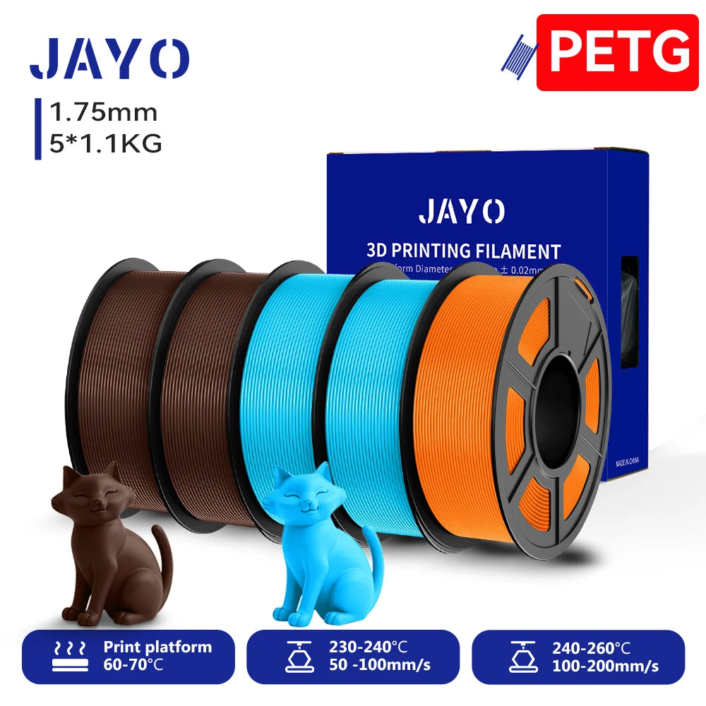 JAYO 3D PETG/PLA/PLA PLUS Filament 1.75mm PLA Filament 5 Rolls For Bambu FDM 3D Printer Neatly Wound 3D Printing Material for 3d