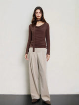 SuyaDream Women T Shirt, Wool Cotton Blend, Dropped Collar, Elegant Ribbon Tee, 2026 Fall Spring Solid Chic Top