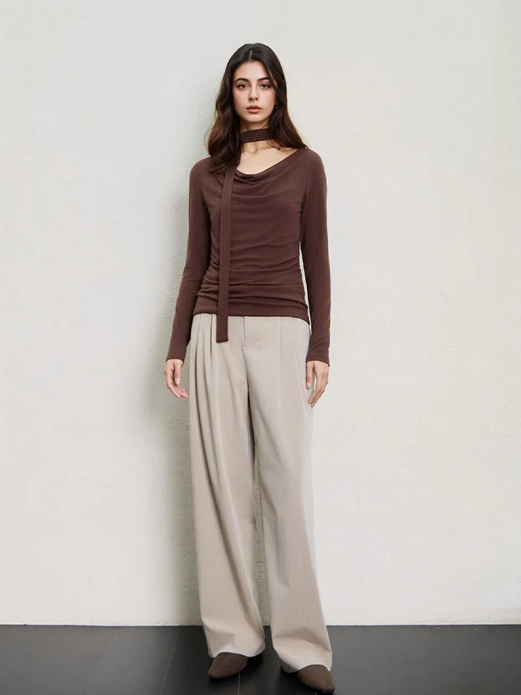 SuyaDream Women T Shirt, Wool Cotton Blend, Dropped Collar, Elegant Ribbon Tee, 2026 Fall Spring Solid Chic Top