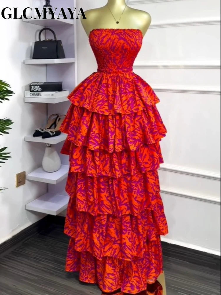 GLCMYAYA Women Floral Printed Cascading Ruffles Ball Gown Midi Maxi Long Dress Birthday Vacation Holiday Party Dresses Vestidos