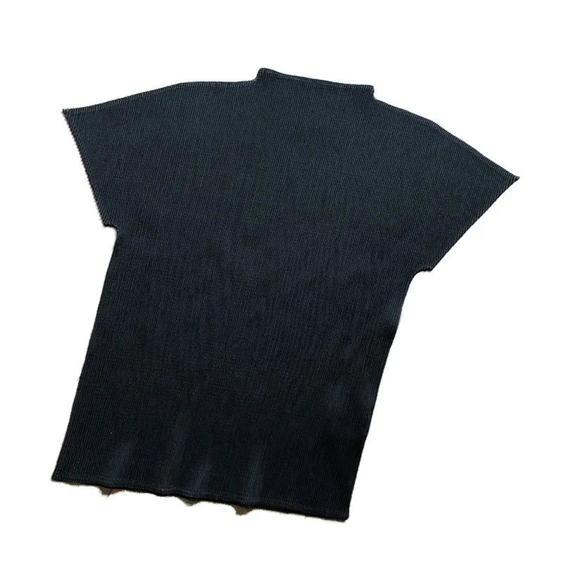 Pleated White Top Half High Neck Short Sleeve T-shirt Women's Black Loose Fashion High Quality Korean Edition Women's Top