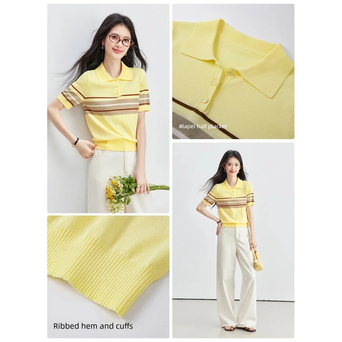 VIMLY Women's Contrasting Stripes Knitted T-shirt Summer 2026 New Polo Neck Casual Versatile Short Sleeve Yellow Top 75373