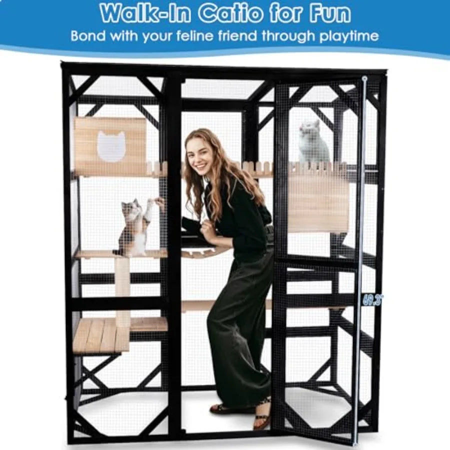 Large Catio Outdoor Cat Enclosure Window 73 H Walk-in Cat House Kitty Cage for Multiple Indoor Outdoor Cats Outside Patio with