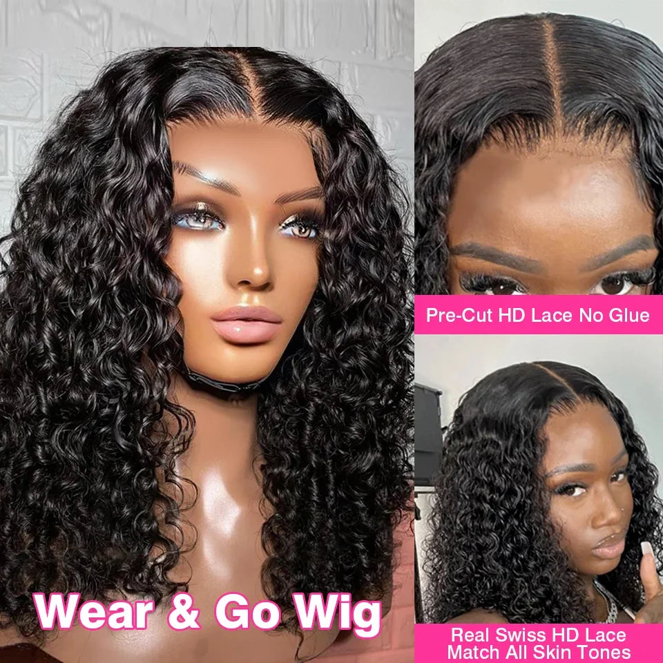 Curly Bob Wig Lace Front Human Hair Wigs Wear Go Glueless Wig Deep Wave 7x5 HD Lace Closure Wigs 250% Full Human Hair Lace Wigs