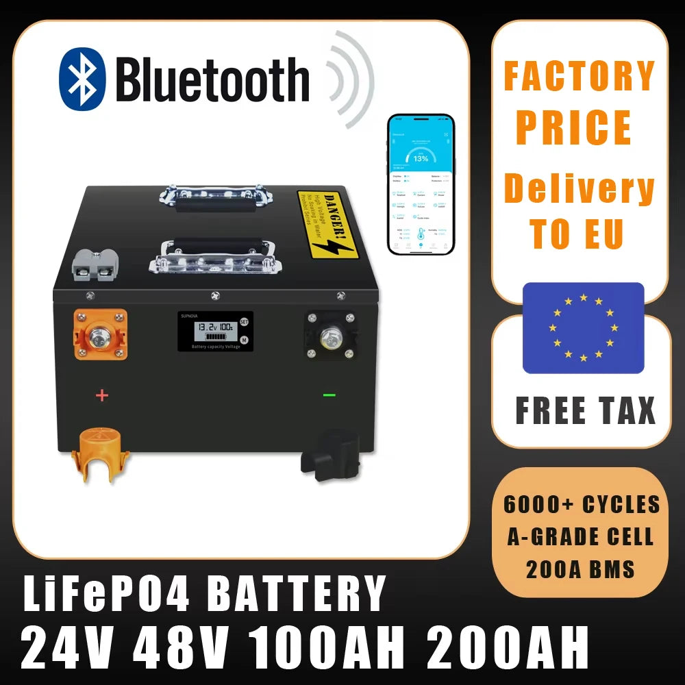 24V 48V 50Ah 100Ah 200AH LiFePO4 Battery Pack Built-in Bluetooth BMS For Solar Home Storage Golf Cart Boat RV Tax Free