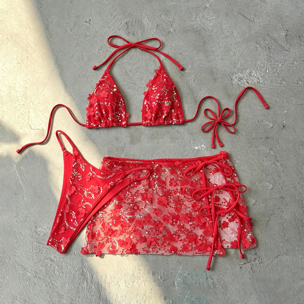 3 Piece Bikinis 2026 Sexy Women Swimsuit Swimwear Female Shiny Bikini Set Biquini SkirtBathing Suit Brazilian Cover Up Beachwear