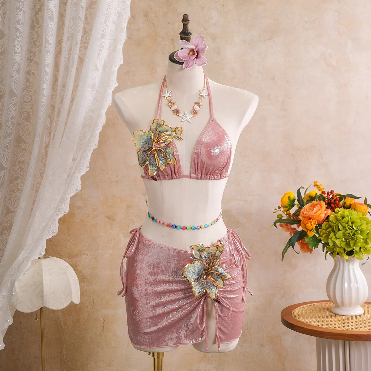 Sparkly 3 Piece Bikini Set with Skirt Women 3D Flower Halter Micro Swimsuit Shiny Ruched Drawstring Sarong Swimwear Bathing Suit