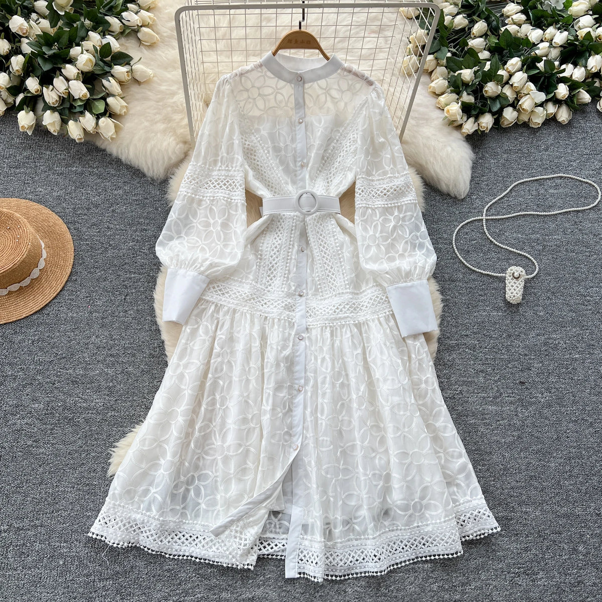 Court Sle Heavy Embroidery Lantern Sve Long Dr Women's Retro Winter Faion High Waist A-Line Dr Korean Version