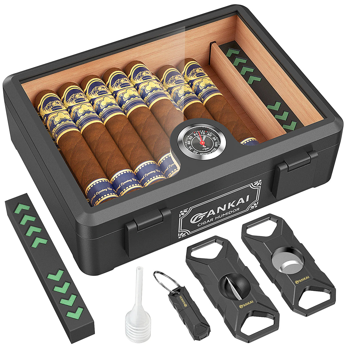 Humidor Cigar Box, with Straight Cutter Guillotine, V Cut, Puncher, Glass Top Case, Cedar Wood Lining, Humidifier Hygrometer
