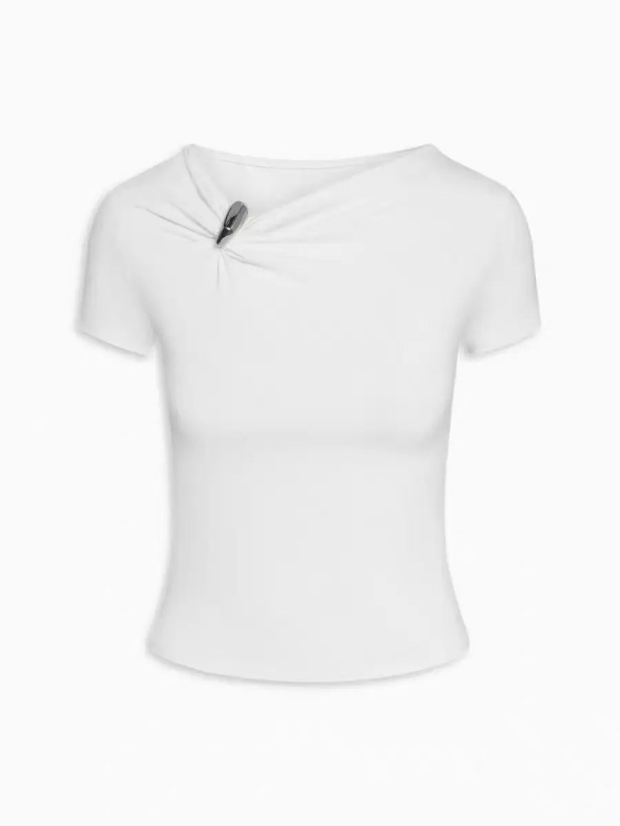 Kylie's Same Style ~ KHY X GraceLing Solid Color Metal Zipper Pleated Short Sleeve Fitted Elastic Base T-Shirt