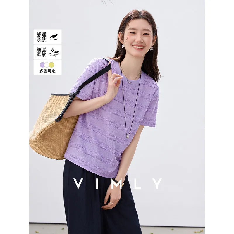 VIMLY Women's Office Short Sleeve T-Shirt 2026 Summer Tee Minimalist Textured Lace Stripe Patch Loose Casual Crew Neck Top A1832