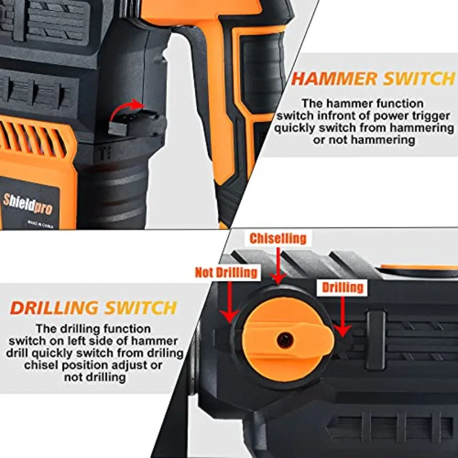 1-1/4 Inch SDS-Plus 13 Amp Rotary Hammer Drill with Heavy Duty Safety Clutch 3 Function Operation Advanced Vibration