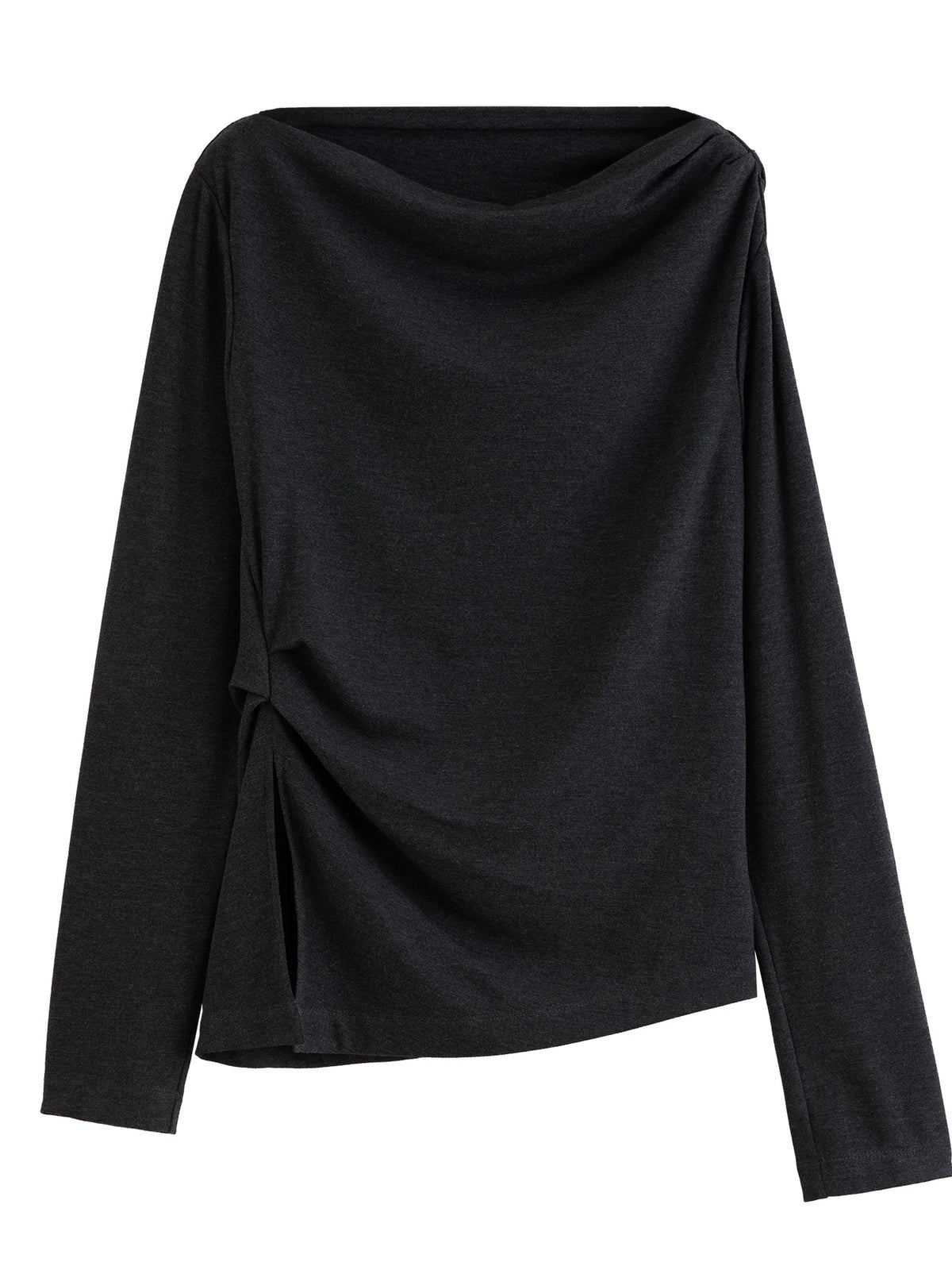 DUSHU Women Off Shoulder Drape Cowl Neck Long Sleeve T-Shirt Commute Minimalist Ruched Slim Draped Elegant Casual Fashion Tee