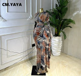 CM.YAYA Women Tie Dye Print O-neck Ruched Ribbon Long Dress 2026 Fall Street Evening Birthday Beach Party Vestidos Sexy Dresses