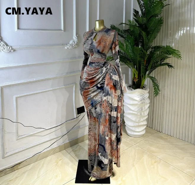 CM.YAYA Women Tie Dye Print O-neck Ruched Ribbon Long Dress 2026 Fall Street Evening Birthday Beach Party Vestidos Sexy Dresses