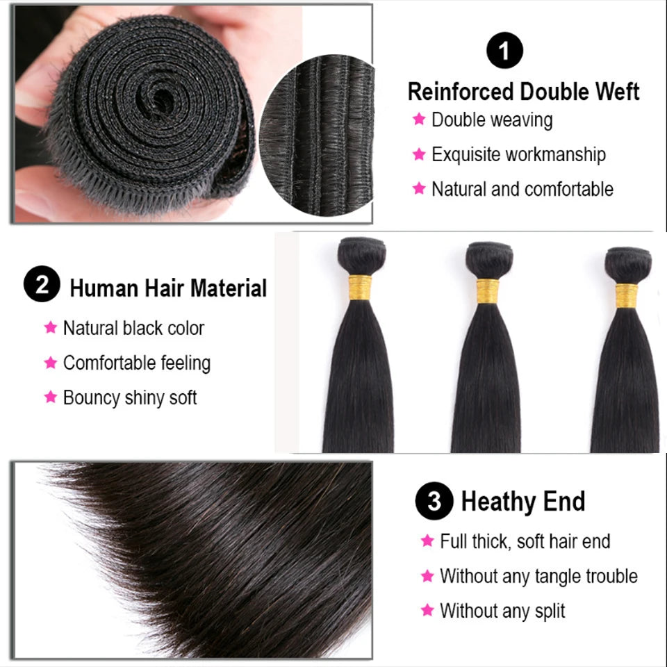 Bone Straight Human Hair Bundles with 13x4 HD Transparent Lace Frontal Closure And Bundle Real Virgin Hair Weave 3/4 Bundle Deal