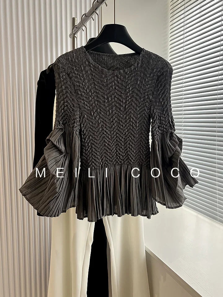 YUDX Pleated Heavy Embroidery Flared Sleeves Solid Color Design T-shirt Breathable and Comfortable 2024 Fall New