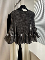 YUDX Pleated Heavy Embroidery Flared Sleeves Solid Color Design T-shirt Breathable and Comfortable 2024 Fall New