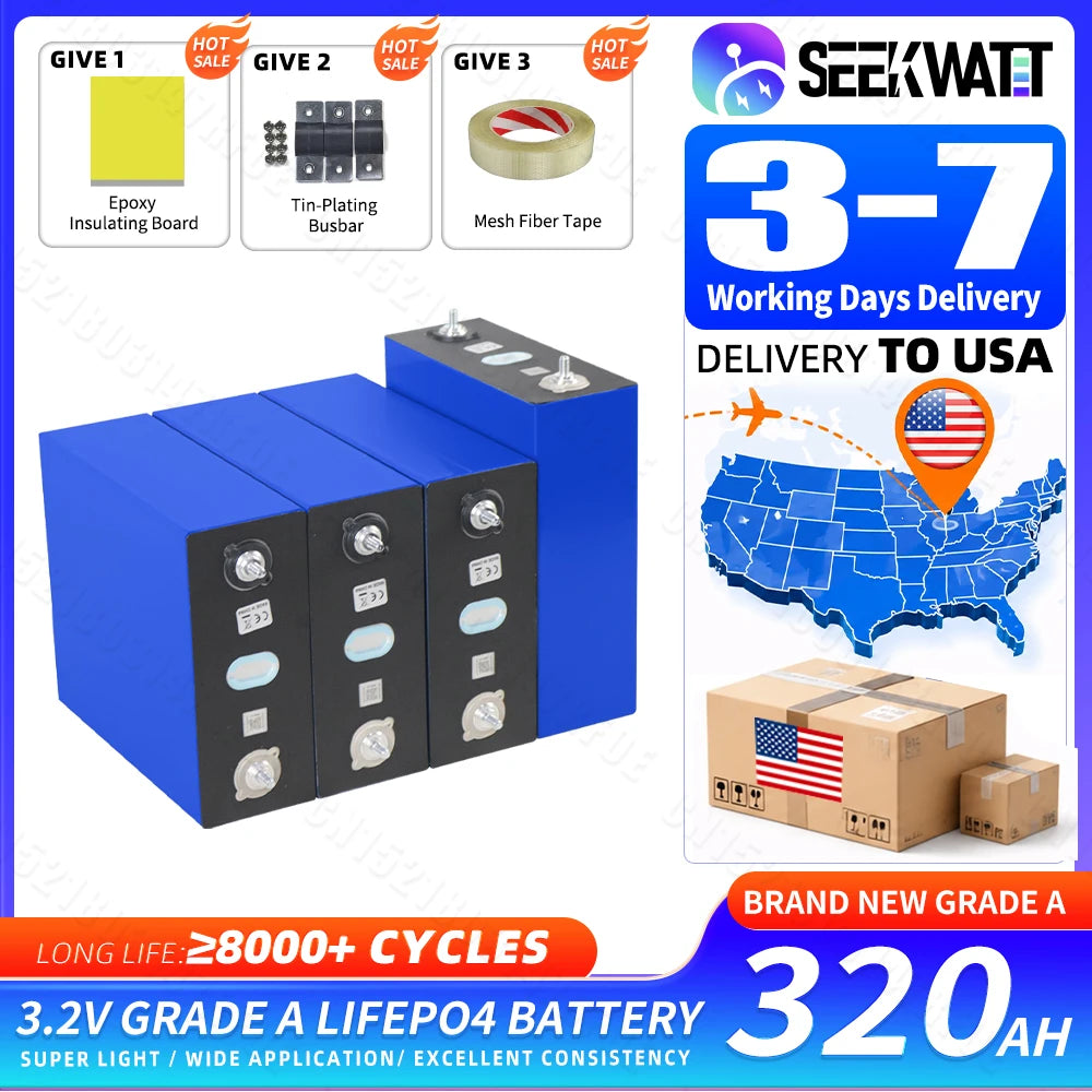 US Stock 320Ah 3.2V LiFePO4 Battery 8000 Cycles Grade A Rechargeable Cells DIY 12V 24V 48V For Solar RV Camping Home Storage EV