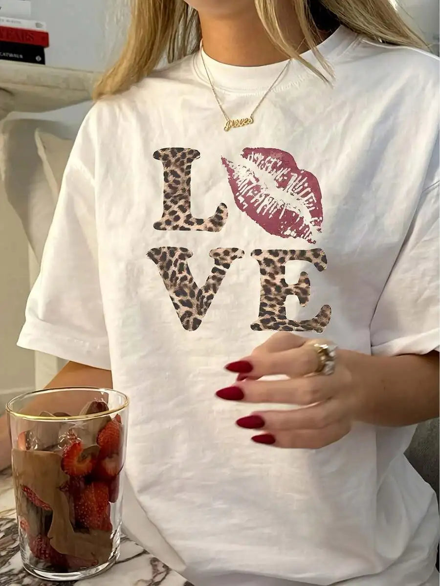 Women's Vintage-Inspired "LOVE" Graphic Tee - Casual Round Neck, Leopard Print With Kiss Detail, 100% Cotton, Machine Washable - Perfect For Summer, Everyday Fashion | Playful Design | Stylish Details