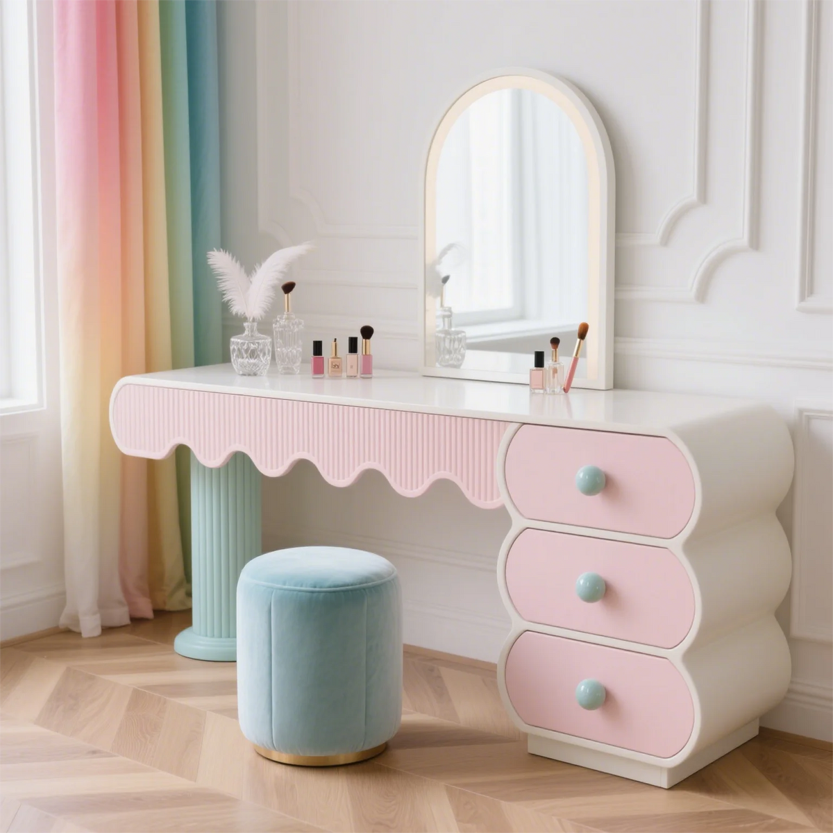 XX39New cream style pink solid wood chest integrated bedroom makeup table storage cabinet