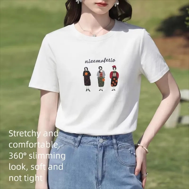 I BELIEVE YOU White Retro Character Embroidered Short Sleeve T-Shirt For Women 2026 Summer New Casual Design Tee Top 2262016360