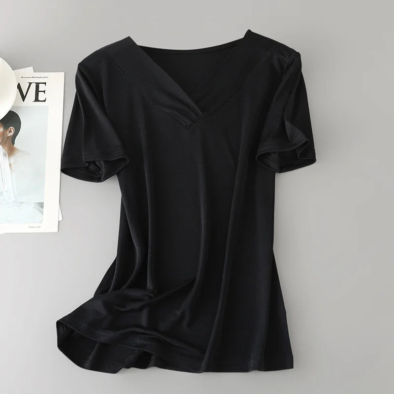Birdtree, 100% Real Silk Solid T Shirt, V-Neck Soft Casual Tops, Women's Loose Short Sleeve Shirt, 2026 New Clothes T62105JF