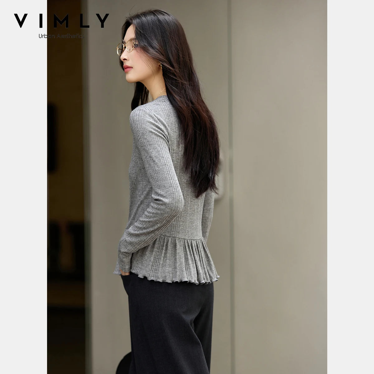 VIMLY Women's Gray Knitted T-shirts Casual Ruffled Hem Long Sleeve Ladies Tops Autumn 2026 Round Neck Slim Fit Female Tees A3092