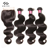 Unice Hair Body Wave Human Hair Bundles With Closure Natural Color 100% Human Hair 3/4 PCS Bundles With 4x4 Inch Lace Closure
