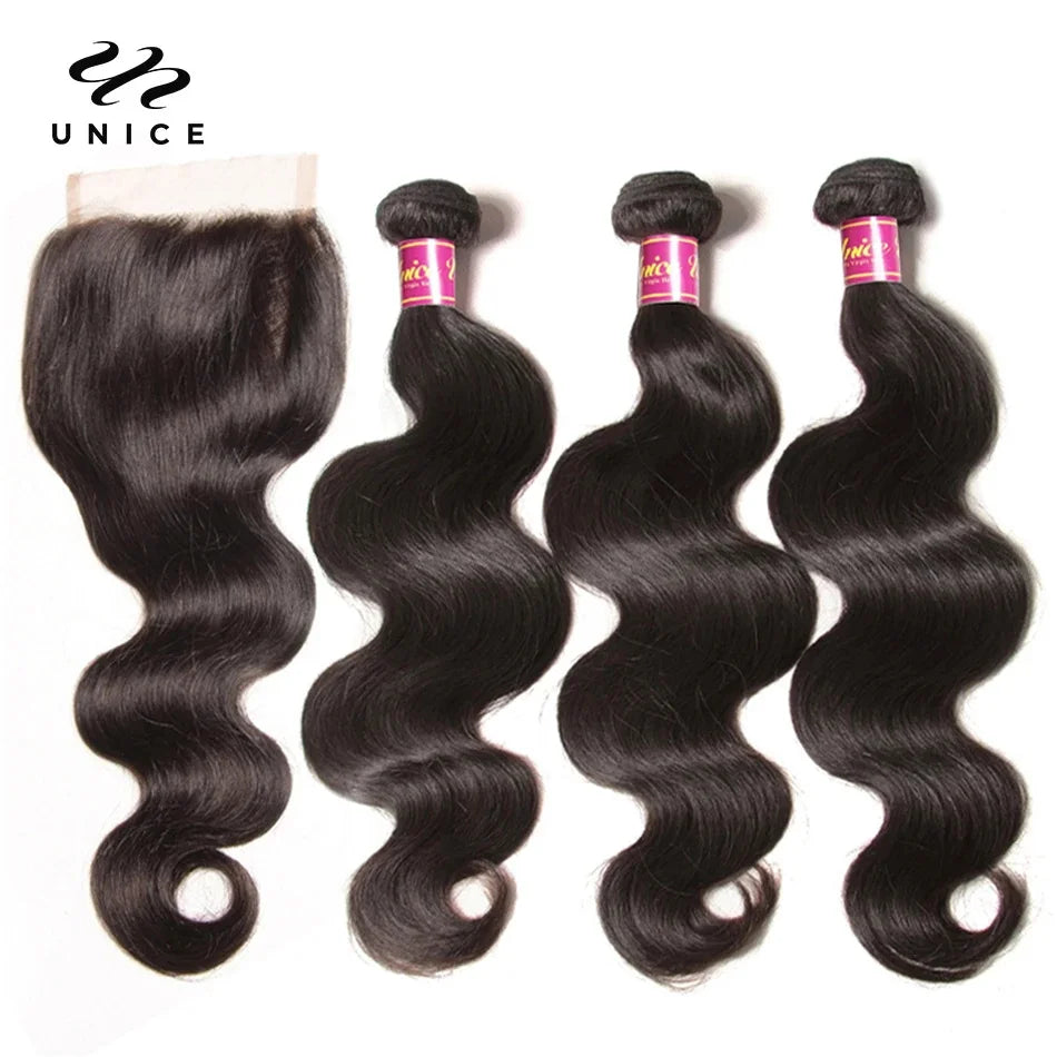 Unice Hair Body Wave Human Hair Bundles With Closure Natural Color 100% Human Hair 3/4 PCS Bundles With 4x4 Inch Lace Closure