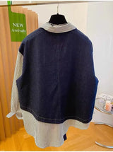 plus Size Women's Denim Patchwork Long Sleeve Shirt Spring Loose Striped Slimming T-Shirt Korean Style Commute Fashion