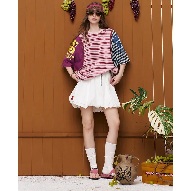 ELFSACK Striped Asymmetric Color-Block T-Shirt, Letter Print Ruffled Knit Tee, Casual Loose Top for Women