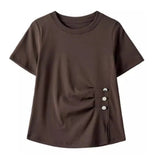 Grey pure cotton short sleeved T-shirt women's summer new high-end fashion plus size waist cinched hem slit pleated casual top