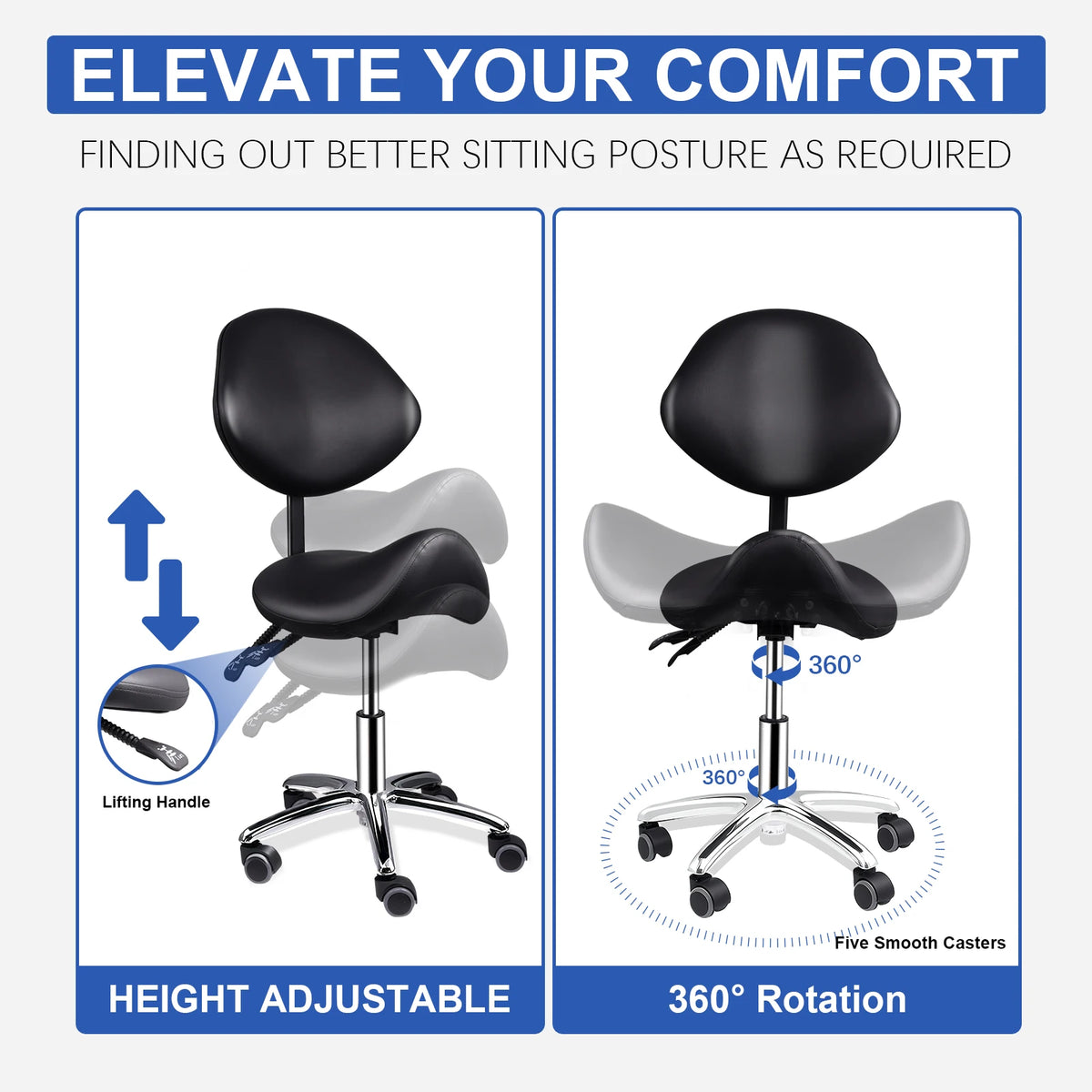 Ergonomic Rolling Saddle Chair Height Adjustable with Wheels and Backrest, Professional Salon Chair for Hair Stylist and Spa