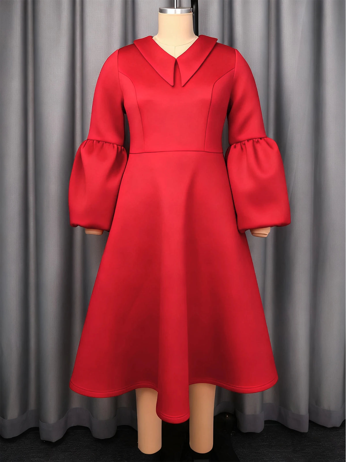 Women Church Dresses A Line Long Lantern Sleeve Turn Down Collar Party Christmas Celebrate Occasion Birthday Stylish African New